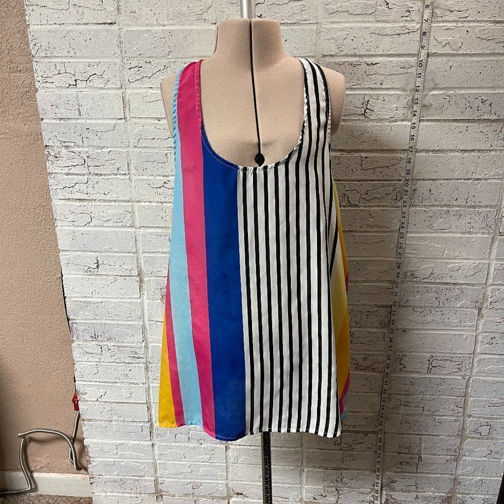 Umgee Loose Fit Colorful Blouse Tank Top Large Striped Blue White